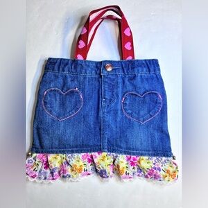 Girl’s Handmade Purse/Bag, Denim w Ruffled Floral Trim, Heart Theme, Blue/Pink